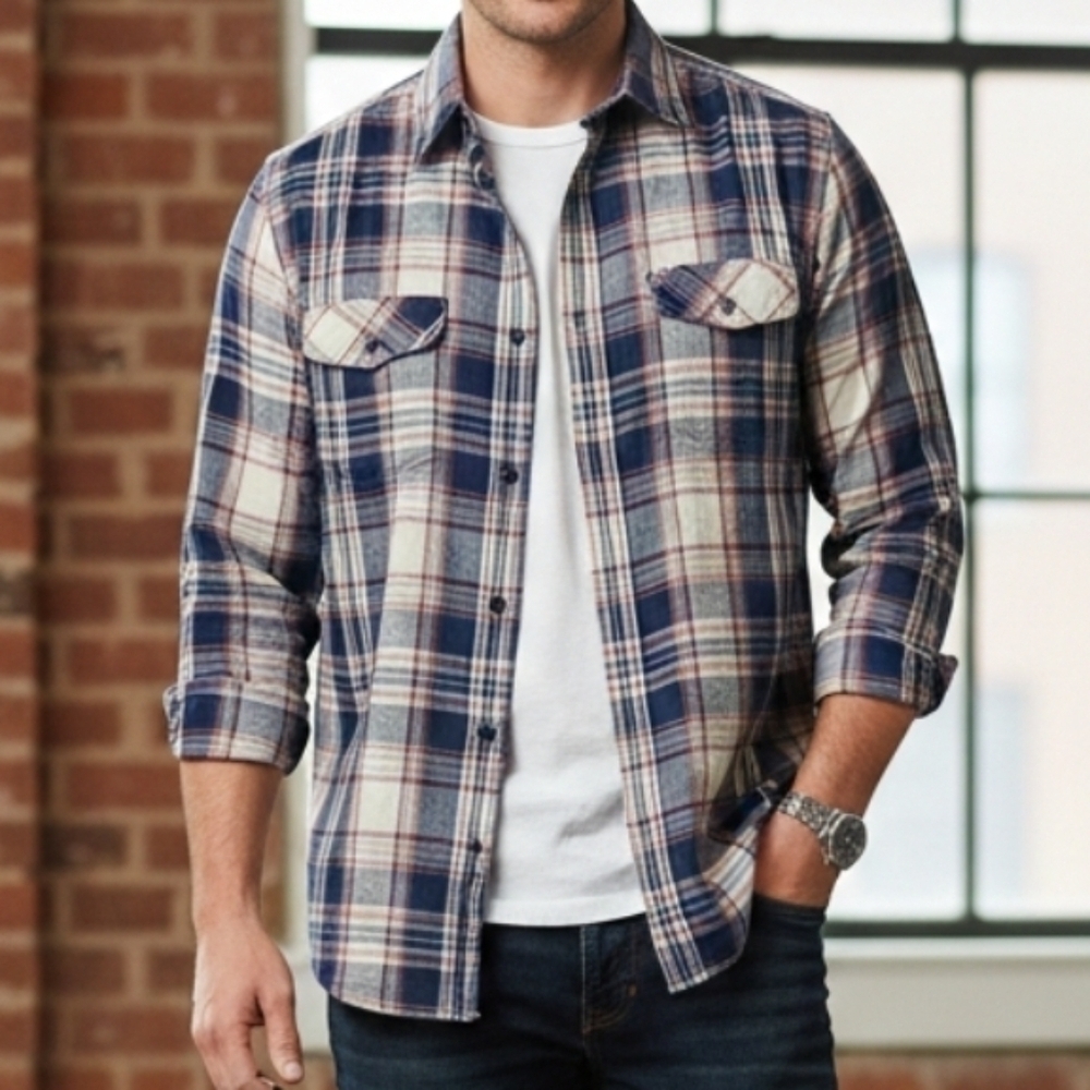 Flag & Anthem Men's Western Flannel Button-Down Shirt, Navy/Red/White, SMALL